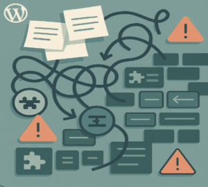 Complicated series of arrows and components with sticky notes and multiple warning symbols.