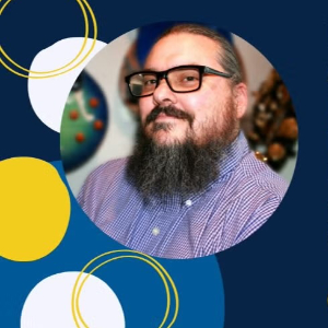 Nick Croft on a dark blue background with colorful circles.